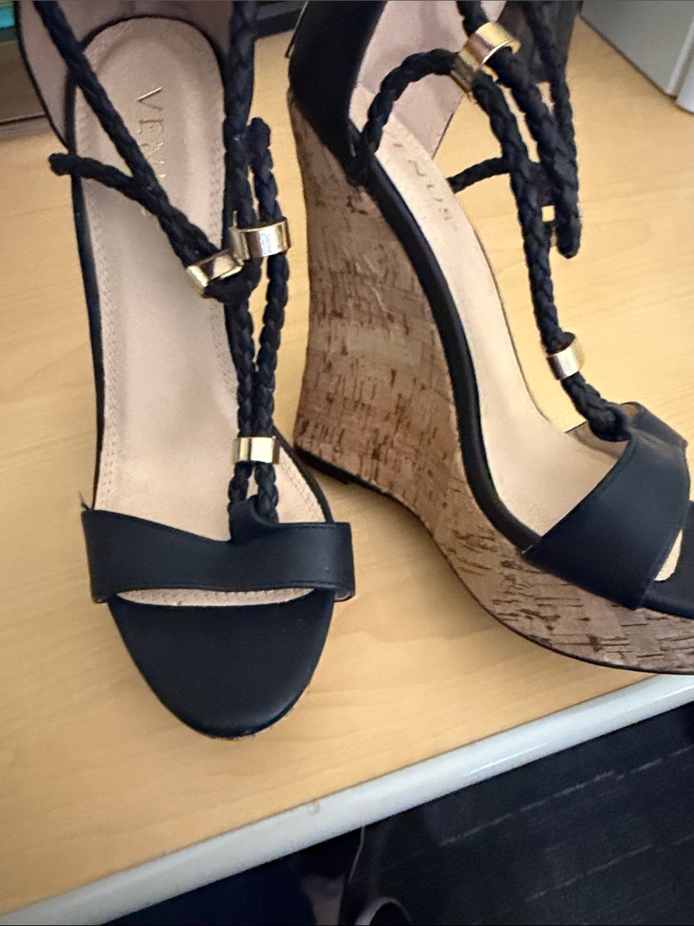 VENUS Black Braided Cork Wedge Sandals with Gold Accents